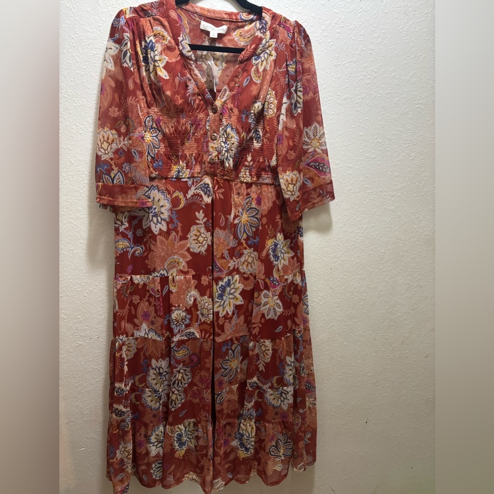 NWT Cactus Pearl Rust Paisley Tiered Mesh Midi Dress XL Smocked Boho